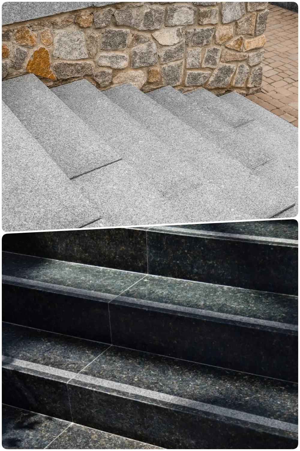 Gray granite steps leading down to a stone wall with a cobblestone pathway, Dark polished stone steps with reflective surfaces and smooth edges