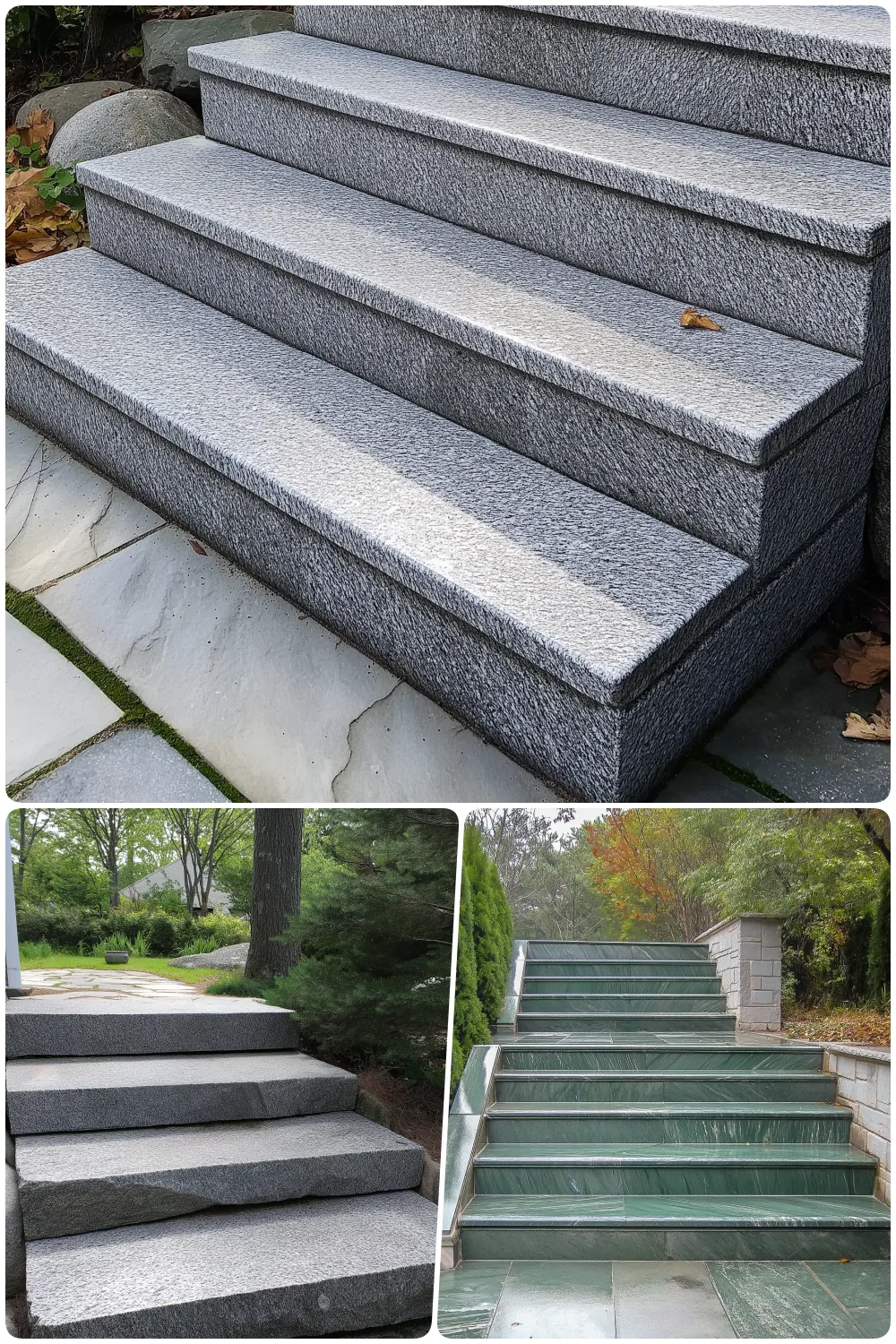 Gray stone steps with textured surface leading up to a pathway among greenery, Granite stairs with polished green marble finish and surrounded by landscaped garden