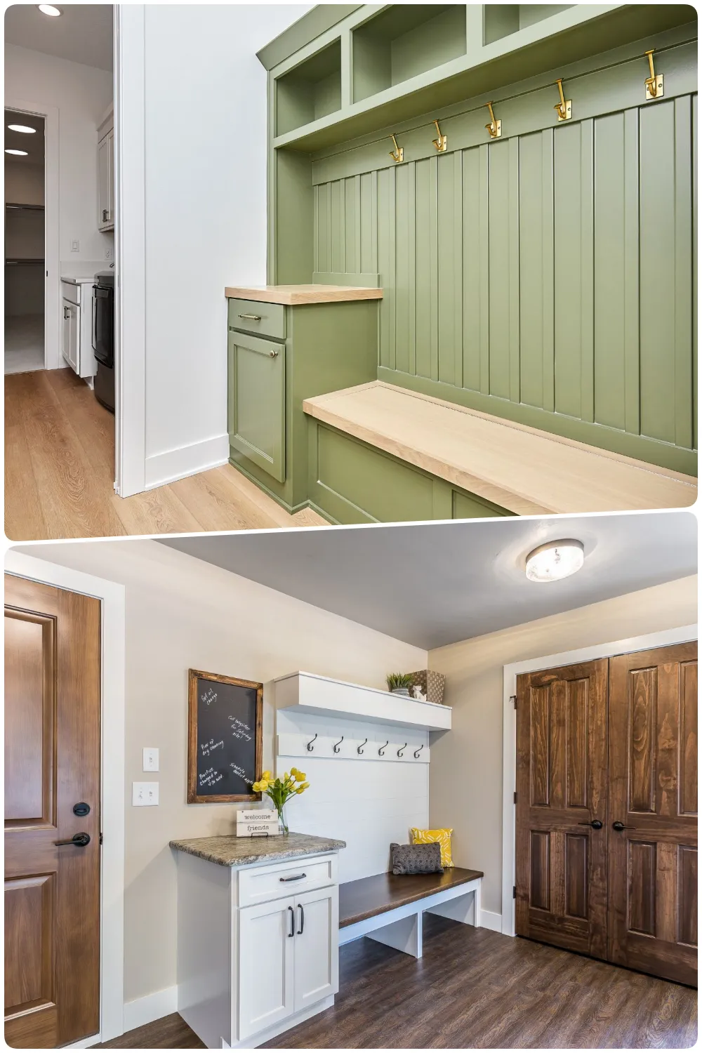 Green mudroom with a wooden bench and gold hooks against the wall Bright entryway featuring a white bench a chalkboard and wooden doors