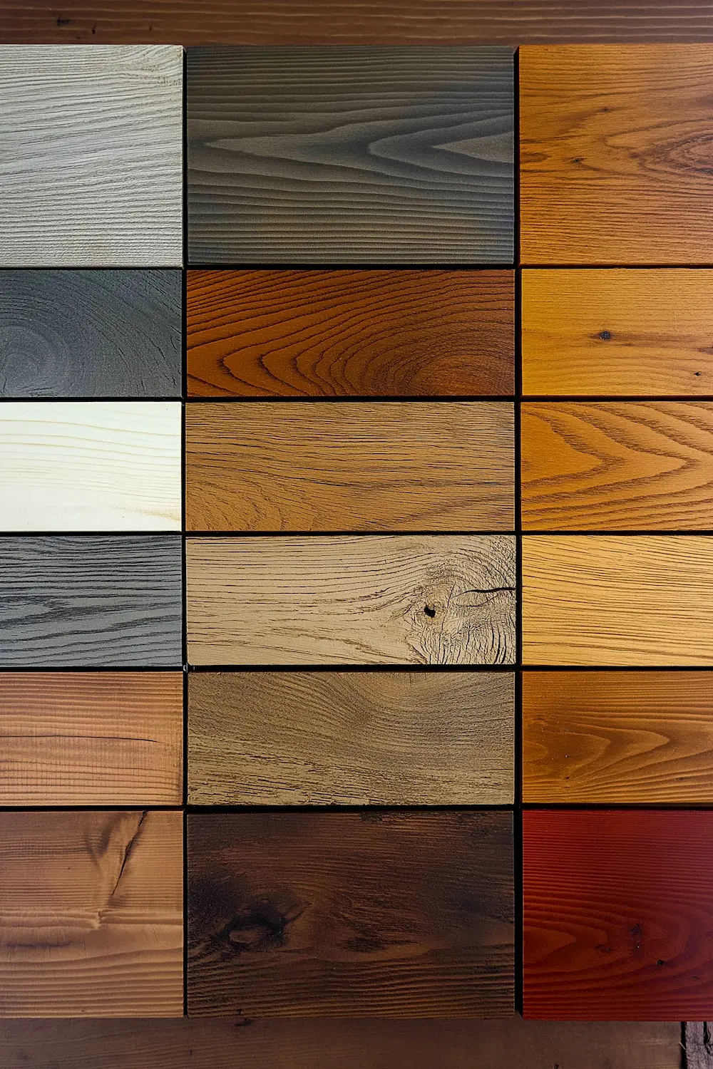 Grid displaying a variety of wooden planks in colors including light gray dark gray brown and orange with visible wood grain textures