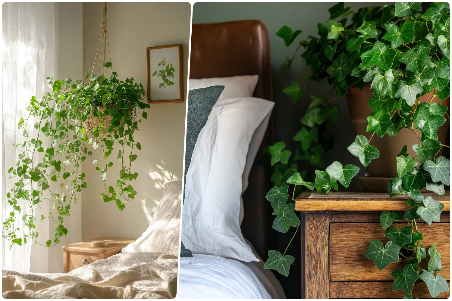 Hanging ivy plant with trailing vines near a window beside a wooden nightstand, Close-up of ivy vines cascading over a wooden bedside table next to a cozy bed