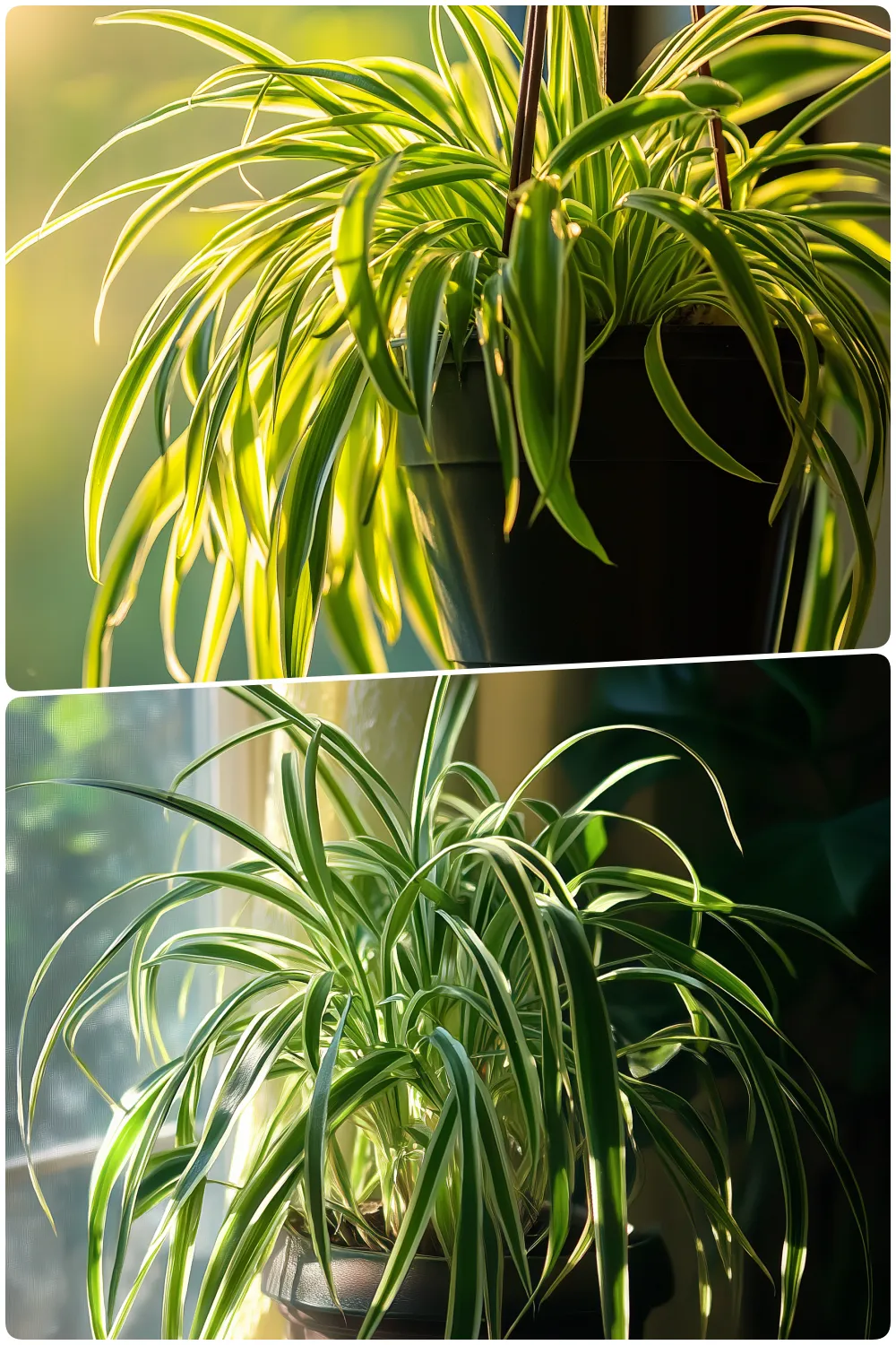 Hanging spider plant with long green and white striped leaves illuminated by sunlight, a vibrant spider plant in a pot placed on a windowsill with soft light