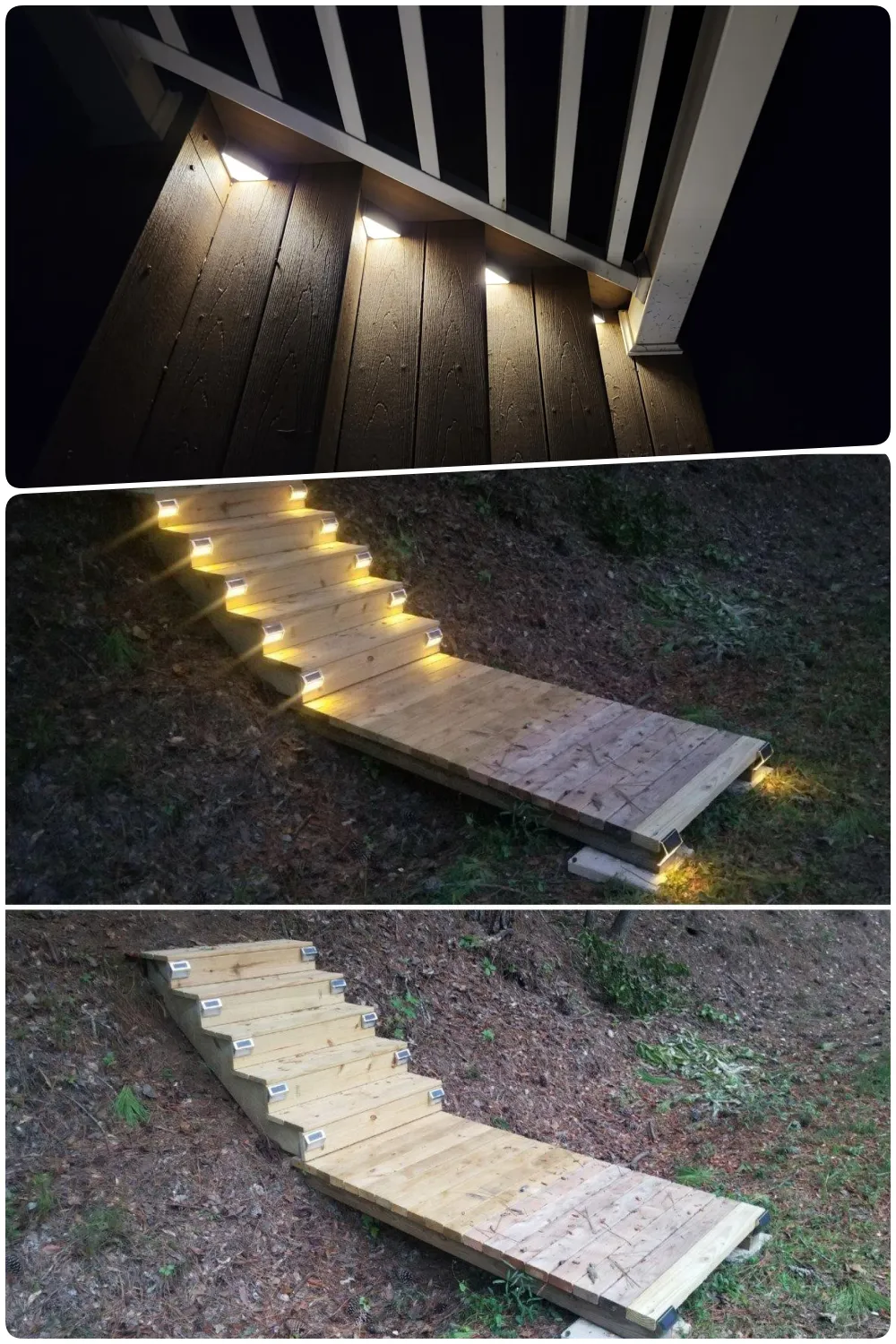 Illuminated wooden deck with lights along the edge in the dark, Wooden staircase with glowing lights on steps surrounded by grass, Sloped wooden path with lights marking steps on a grassy hillside