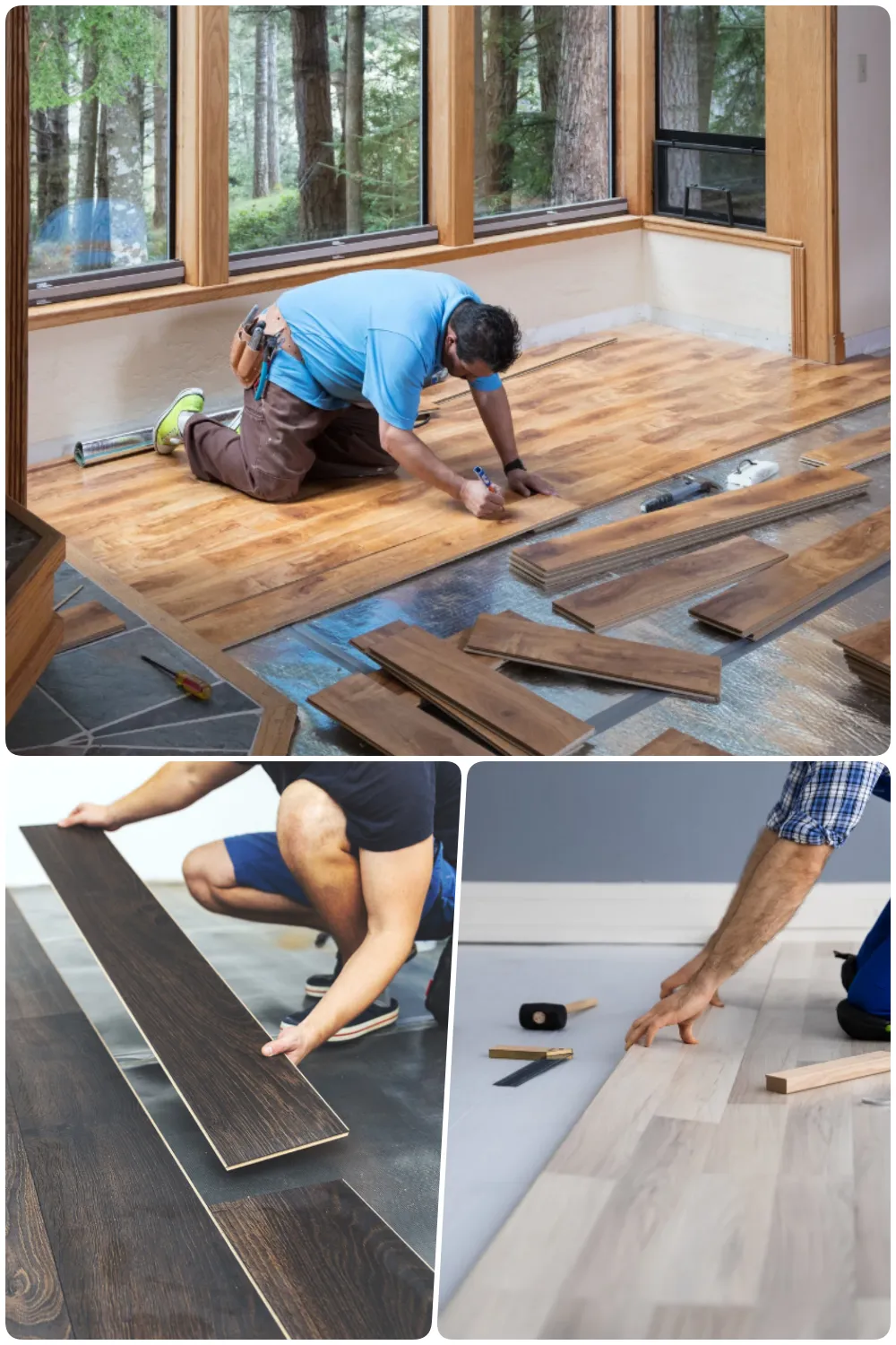 Installing wooden flooring with various planks in a bright room surrounded by trees