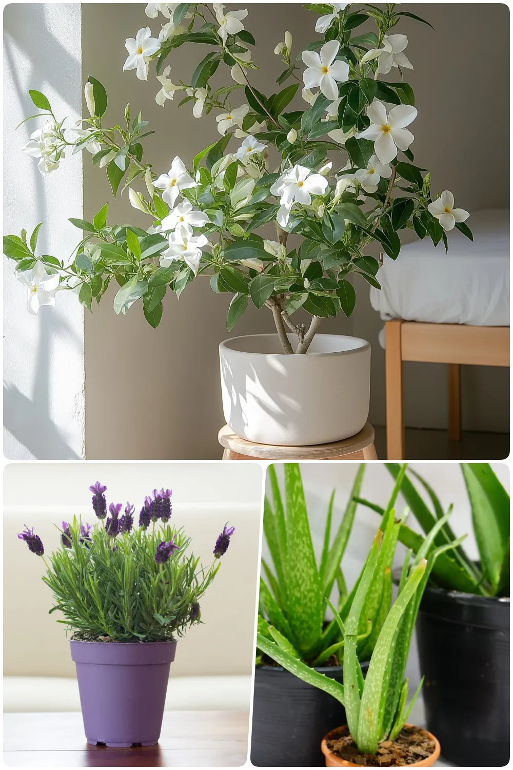 Jasmine Blooming white flowers in a pot beside a bed and sunlight, Purple pot filled with lavender flowers on a table and Aloe Vera plant pot