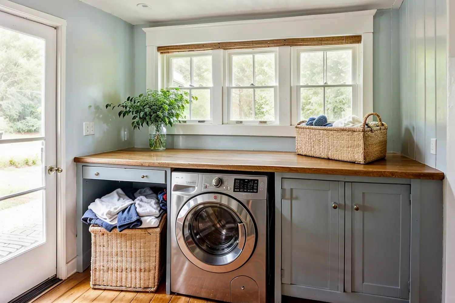 Laundry room mudroom integrated with a washer and baskets on a wooden countertop with windows