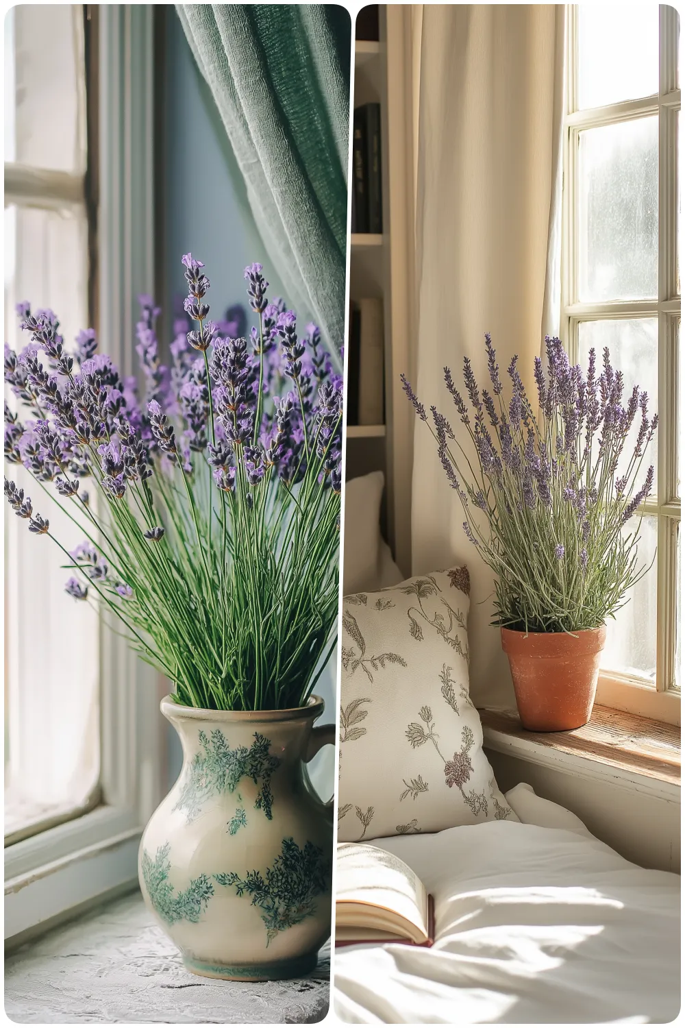 Lavender bouquet in a decorative vase on a windowsill with soft sunlight, Potted lavender plant next to a cozy bed with a decorative pillow and open book