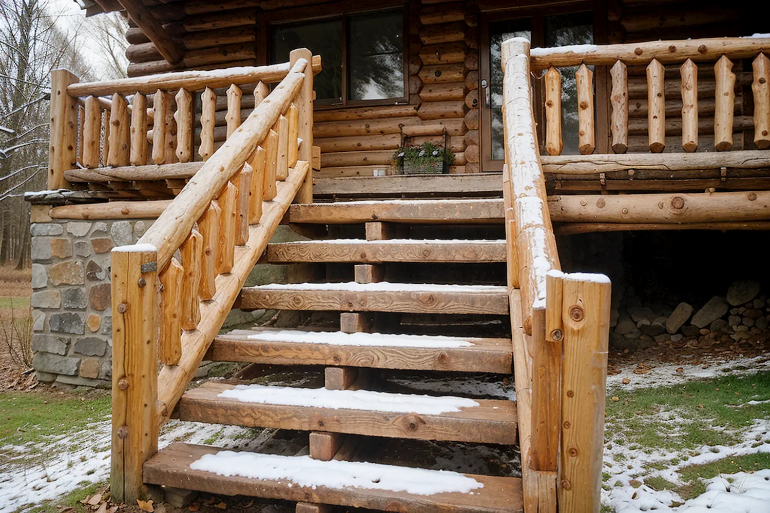 Log cabin steps with wooden railing covered in light snow