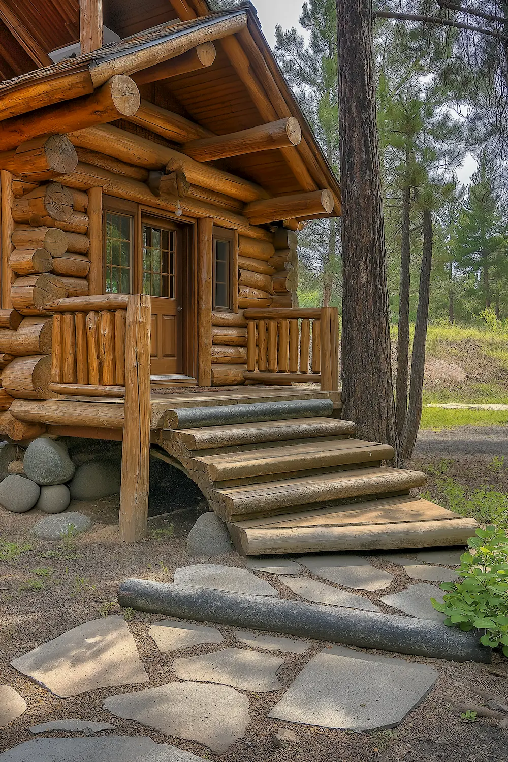 Log cabin with wooden steps and stone path surrounded by trees