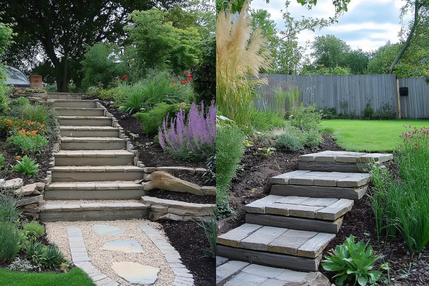 Lush garden with wide stone steps leading up surrounded by colorful plants and Narrow stone path through greenery leading to a grass area with a wooden fence