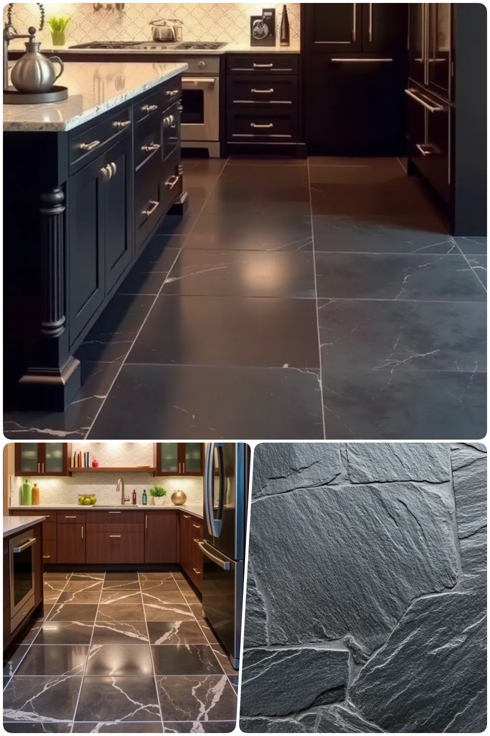 Luxurious kitchens with dark stone floors highlighting elegant designs and textures