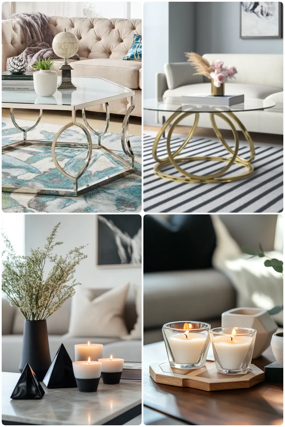 Luxurious living room with tufted sofa and glass coffee table on patterned rug featuring stylish gold geometric coffee table with vase on striped rug decorative black