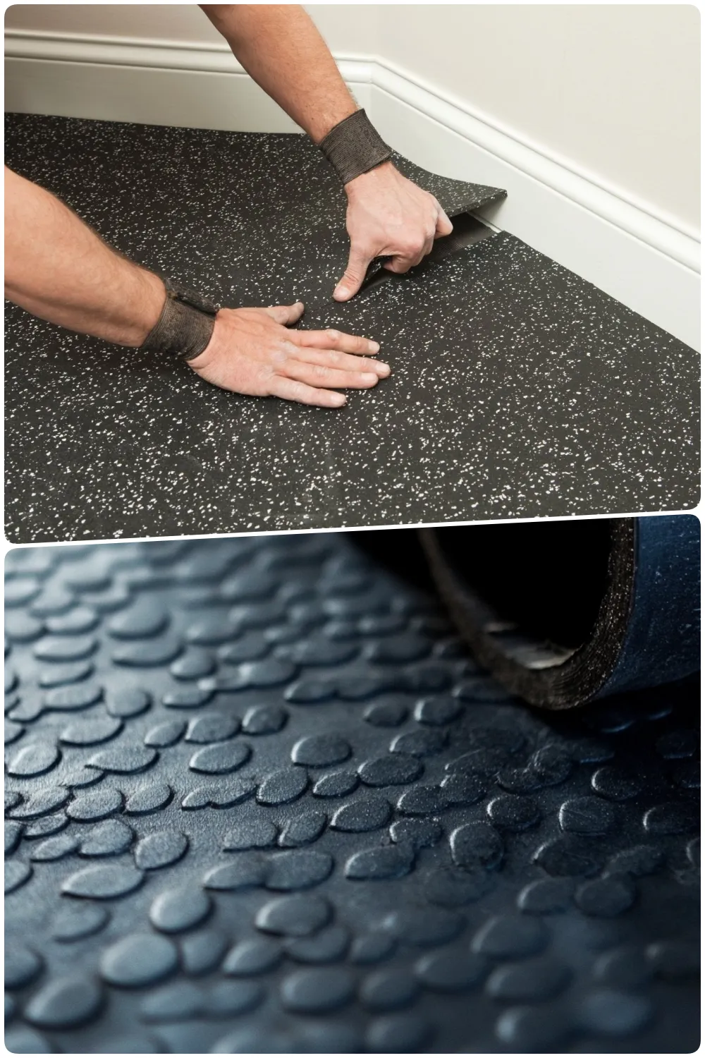 Man installing black speckled flooring with hands near a wall, Close-up of textured black rubber floor with rounded shapes