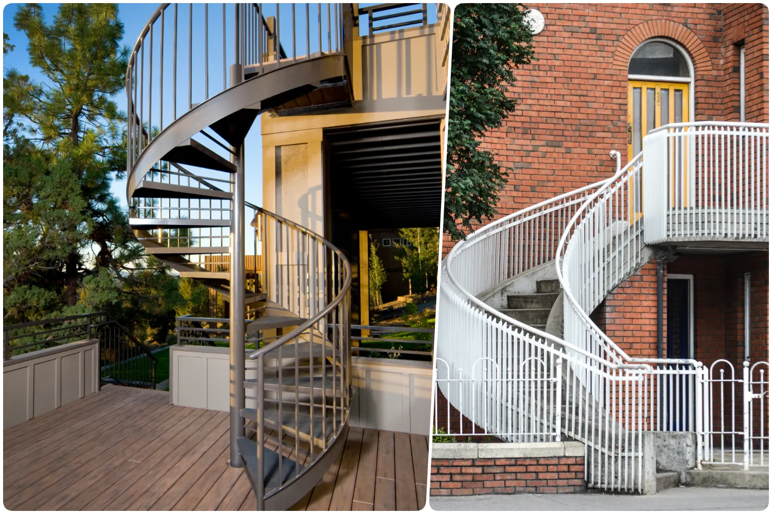 Metal spiral staircase leading to a deck with greenery in the background, Curved white staircase against a red brick wall with a circular landing