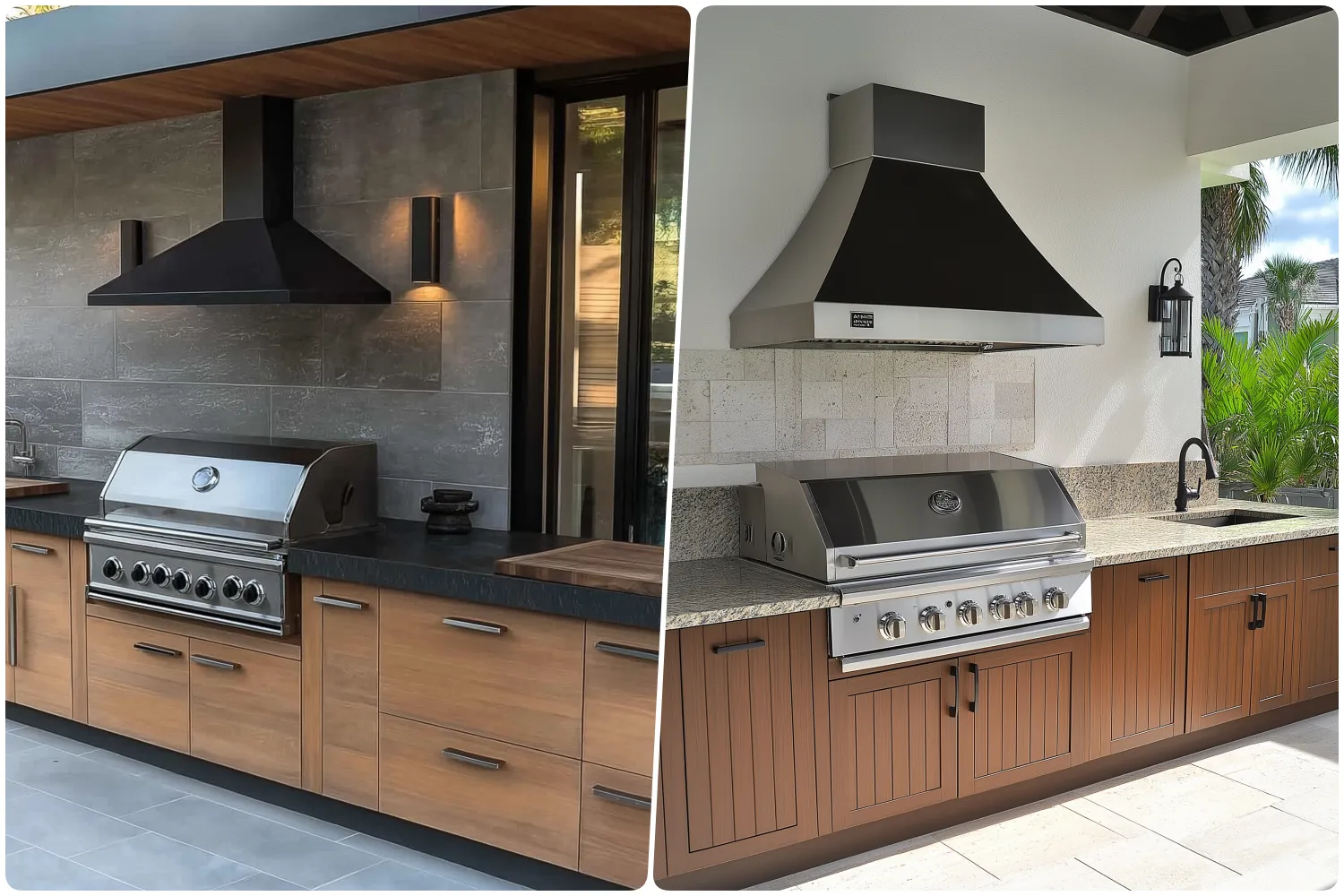 Modern Industrial outdoor kitchen with a black hood and wooden cabinetry on the left Stylish outdoor kitchen on the right featuring a stainless steel grill and granite counter