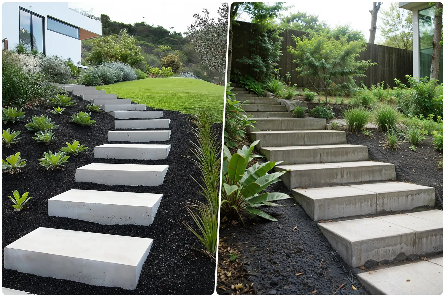 Modern concrete steps leading through a garden with greenery and black mulch, Similar concrete steps bordered by plants in a lush garden setting