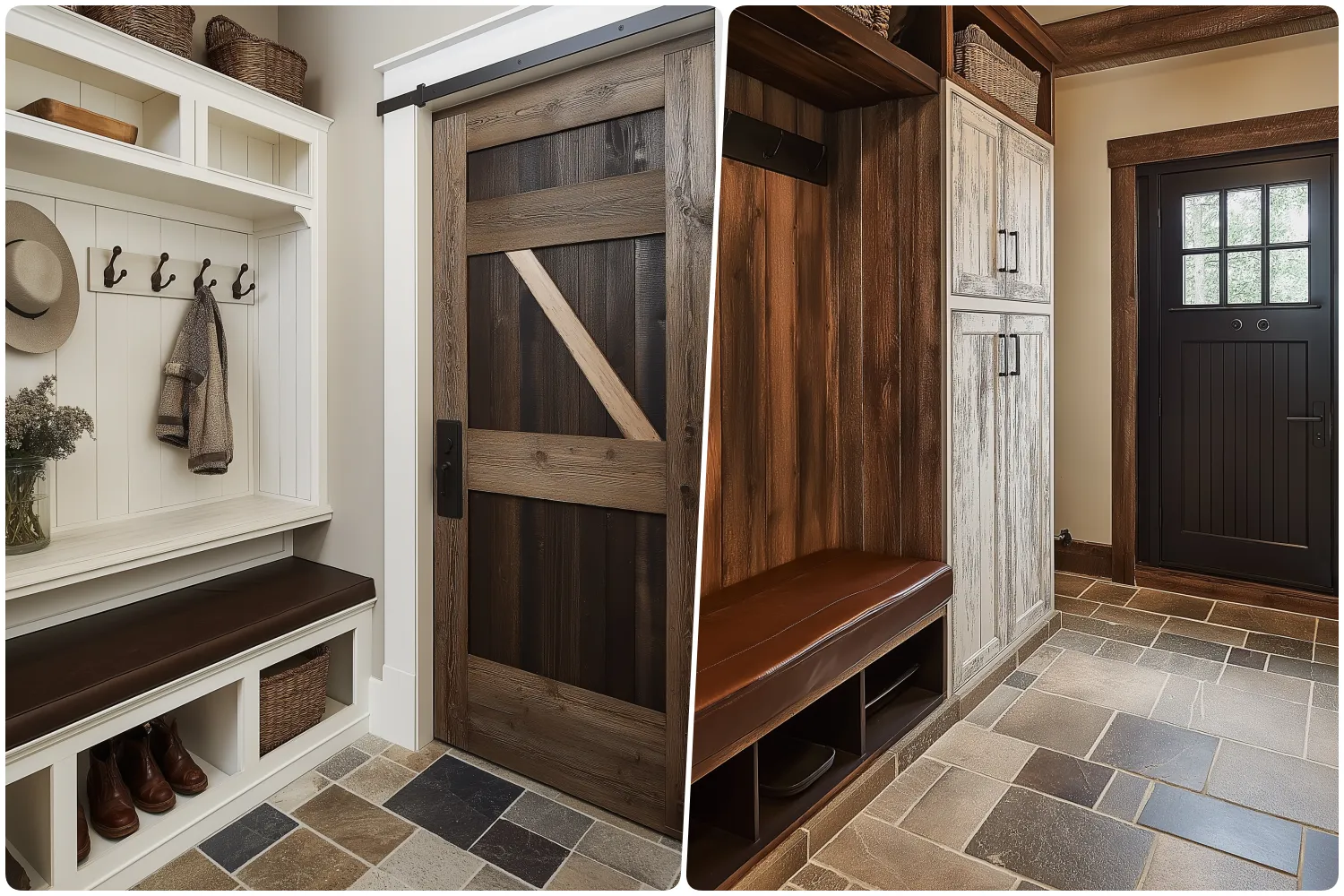 Modern entryway featuring wood bench with hooks storage and sliding barn door, Stylish hallway with layered wooden elements and dark door surrounded by natural stones