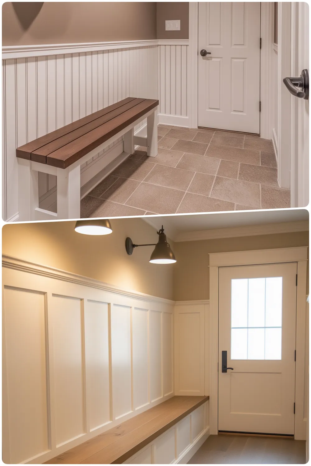 Modern entryway with a brown bench against white wainscoting and a white door, Cozy hallway with lighting fixtures and a white door next to a wooden bench