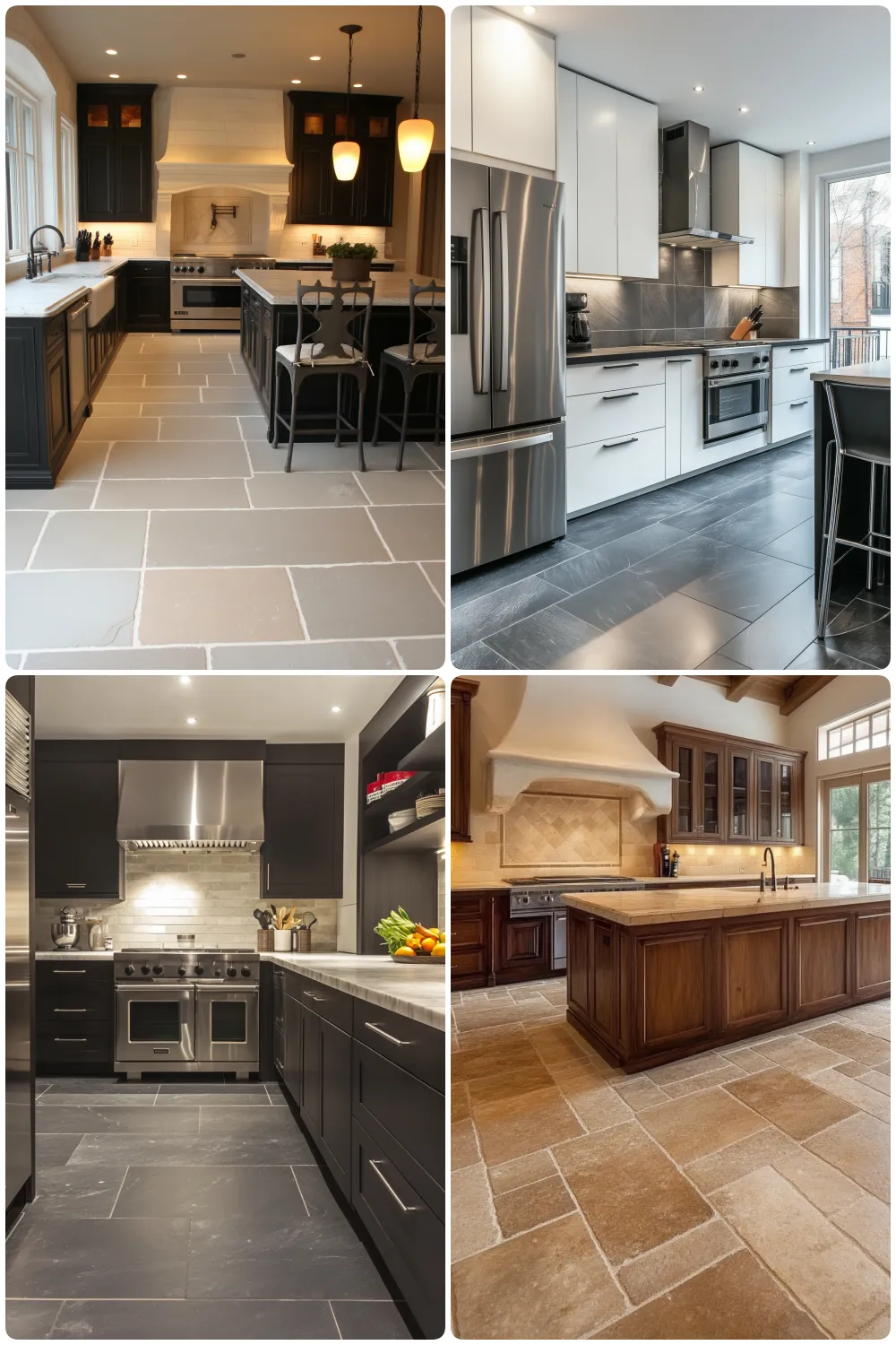 Modern kitchen designs featuring black and white cabinets natural stone flooring and sleek appliances