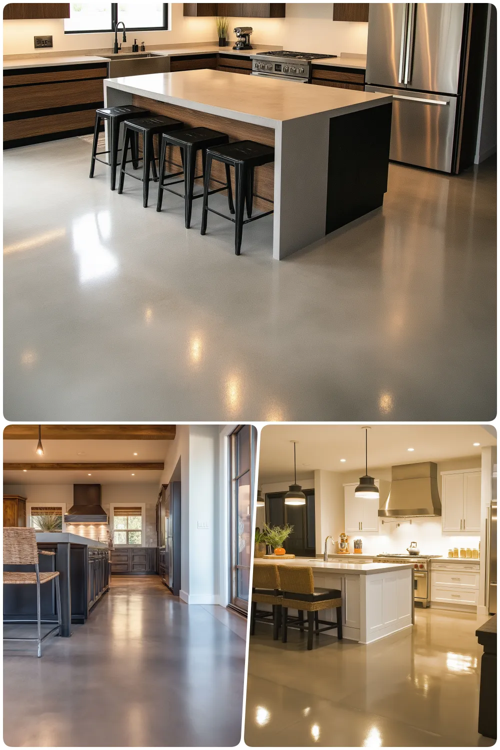 Modern kitchen designs featuring sleek countertops and polished floors with stylish seating