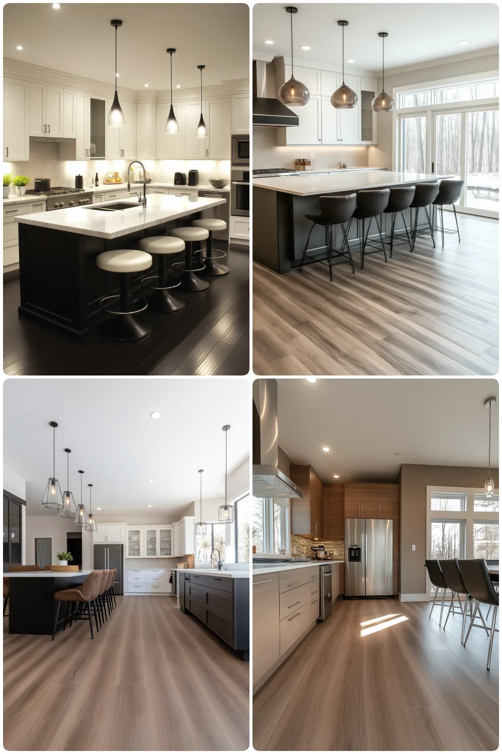 Modern kitchen interiors featuring elegant dark and light wood flooring with stylish lighting