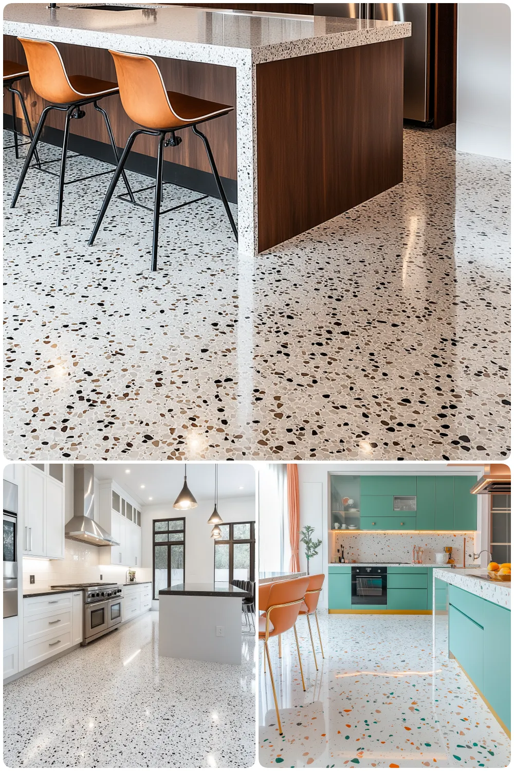 Modern kitchens showcasing vibrant terrazzo flooring with stylish seating and design elements