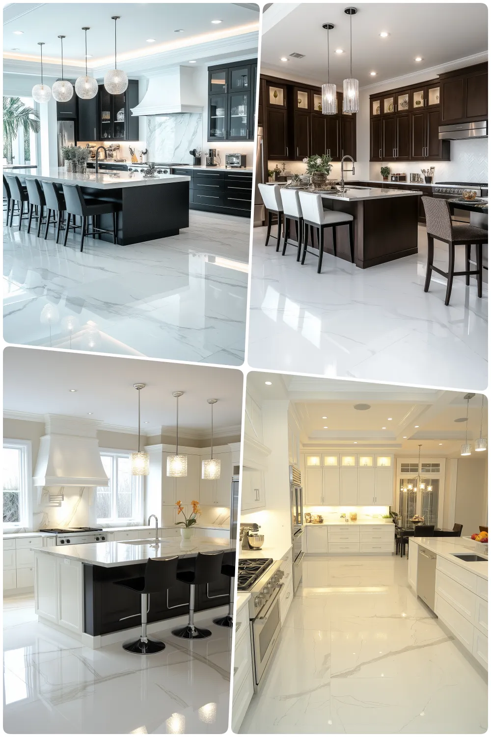 Modern kitchens with glossy white marble floors showcasing elegant and contemporary designs