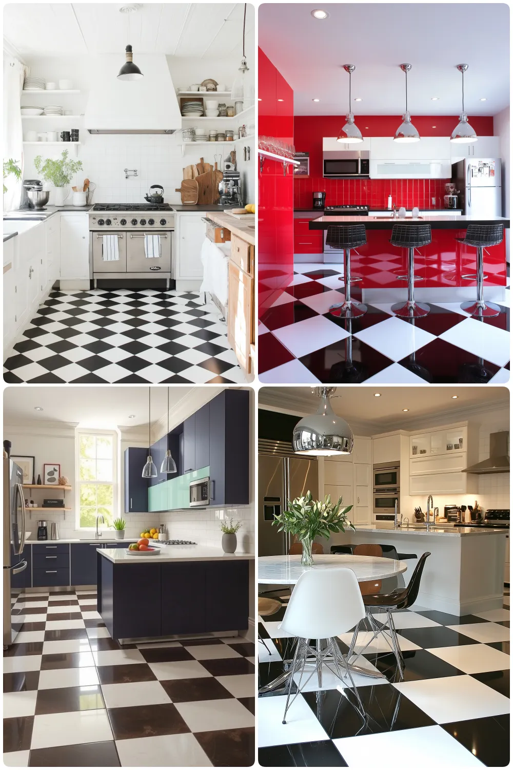 Modern kitchens with stylish black and white checkered floors showcasing various designs