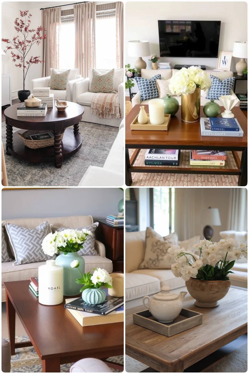 Modern living room collage featuring cozy sofas curtains decorative vases coffee tables and floral arrangements