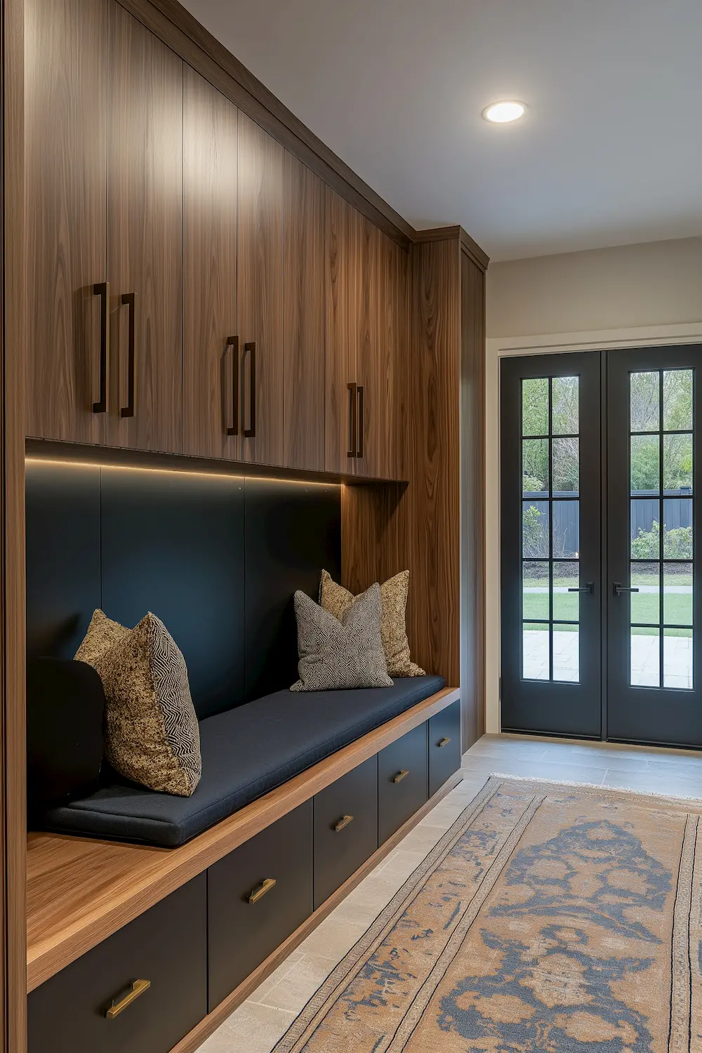 Modern mud room entrance with a dark bench decorative pillows and double doors