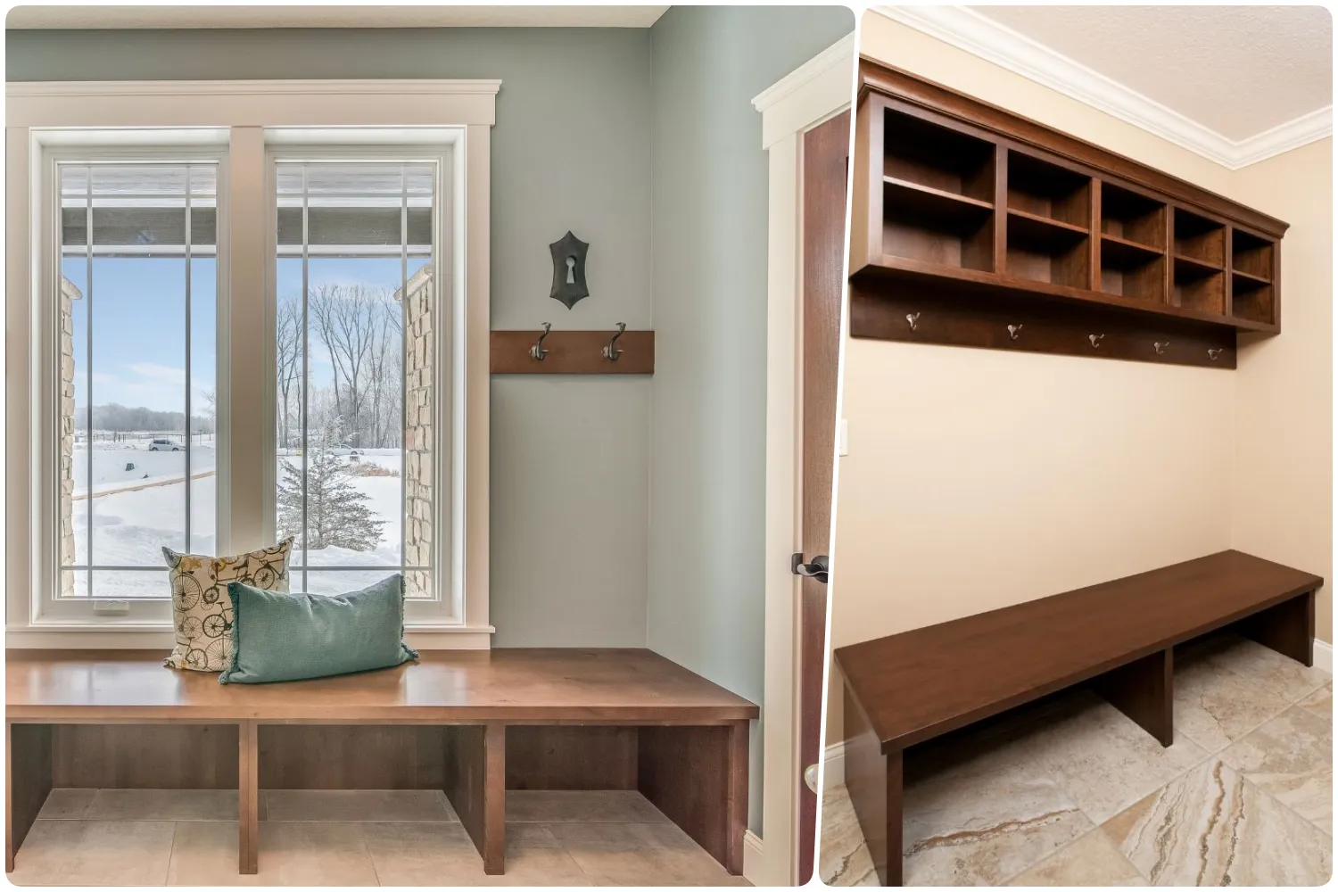 Modern mudroom with bench and hooks with snowy landscape visible through windows, Side view of a spacious mudroom with wooden shelves and benches against a light wall