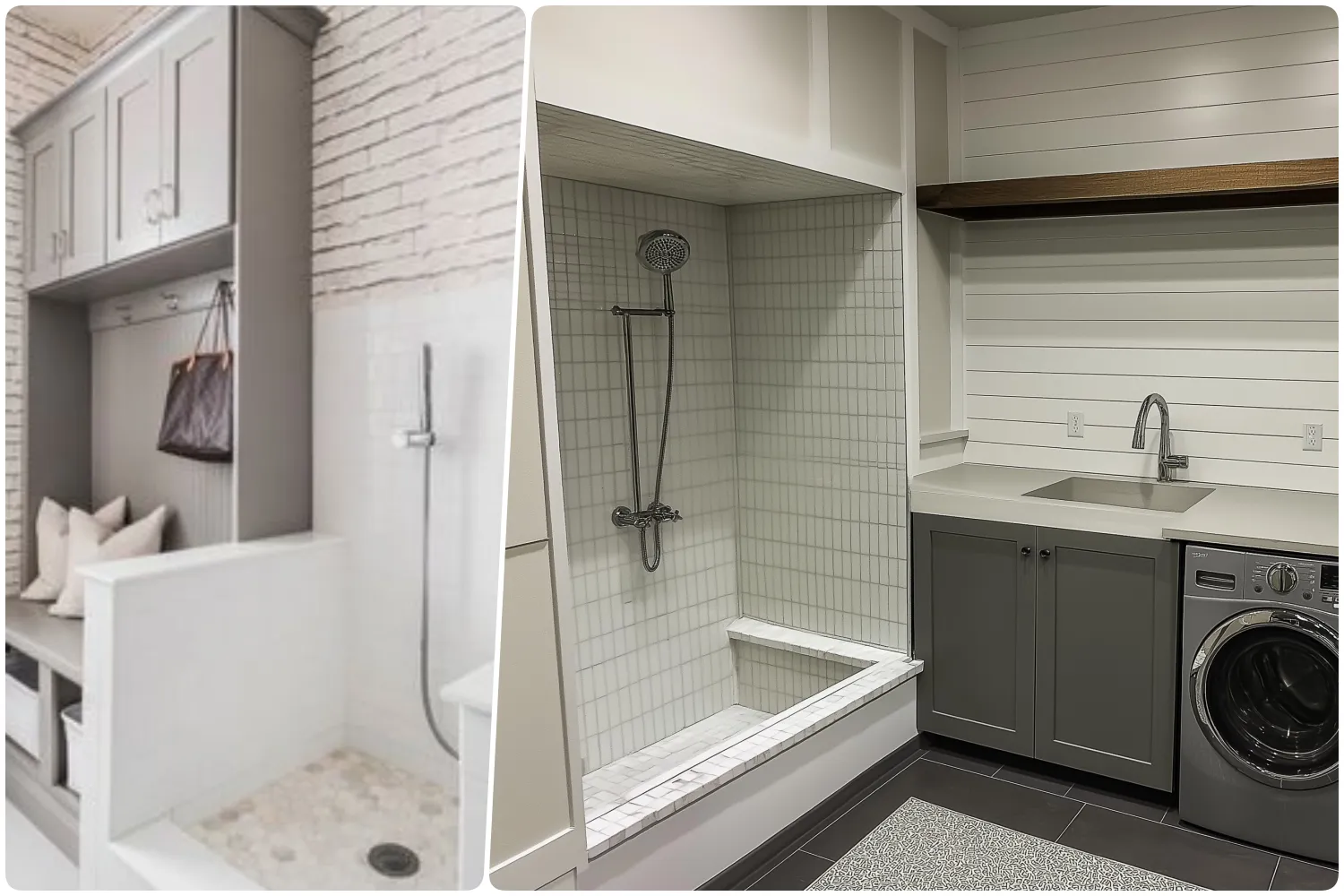 Modern mudroom with bench storage and minimalist shower area, mudroom room featuring gray cabinets sink and front-loading washing machine and dog wash