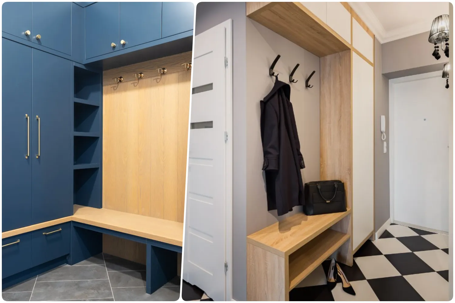 Modern mudroom with blue cabinets bench and hooks for hanging coats, Contemporary entryway with a small bench hooks and a checkered floor