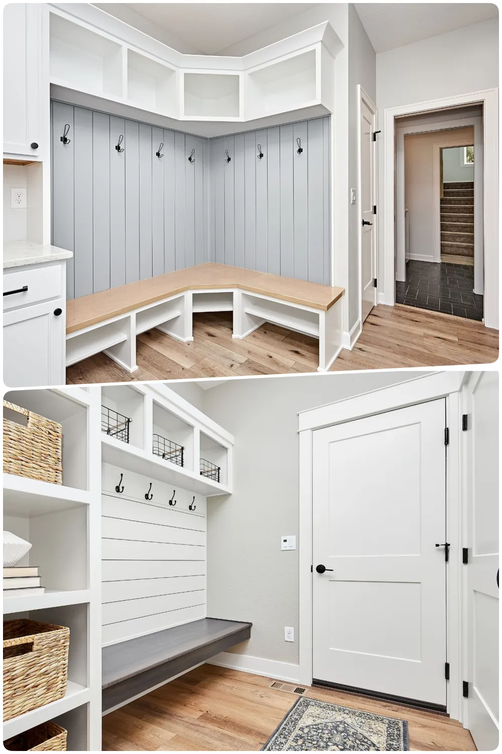 Modern mudroom with gray walls a bench and multiple hooks for hanging items, Bright entryway with white shelving a gray bench and a door leading outside