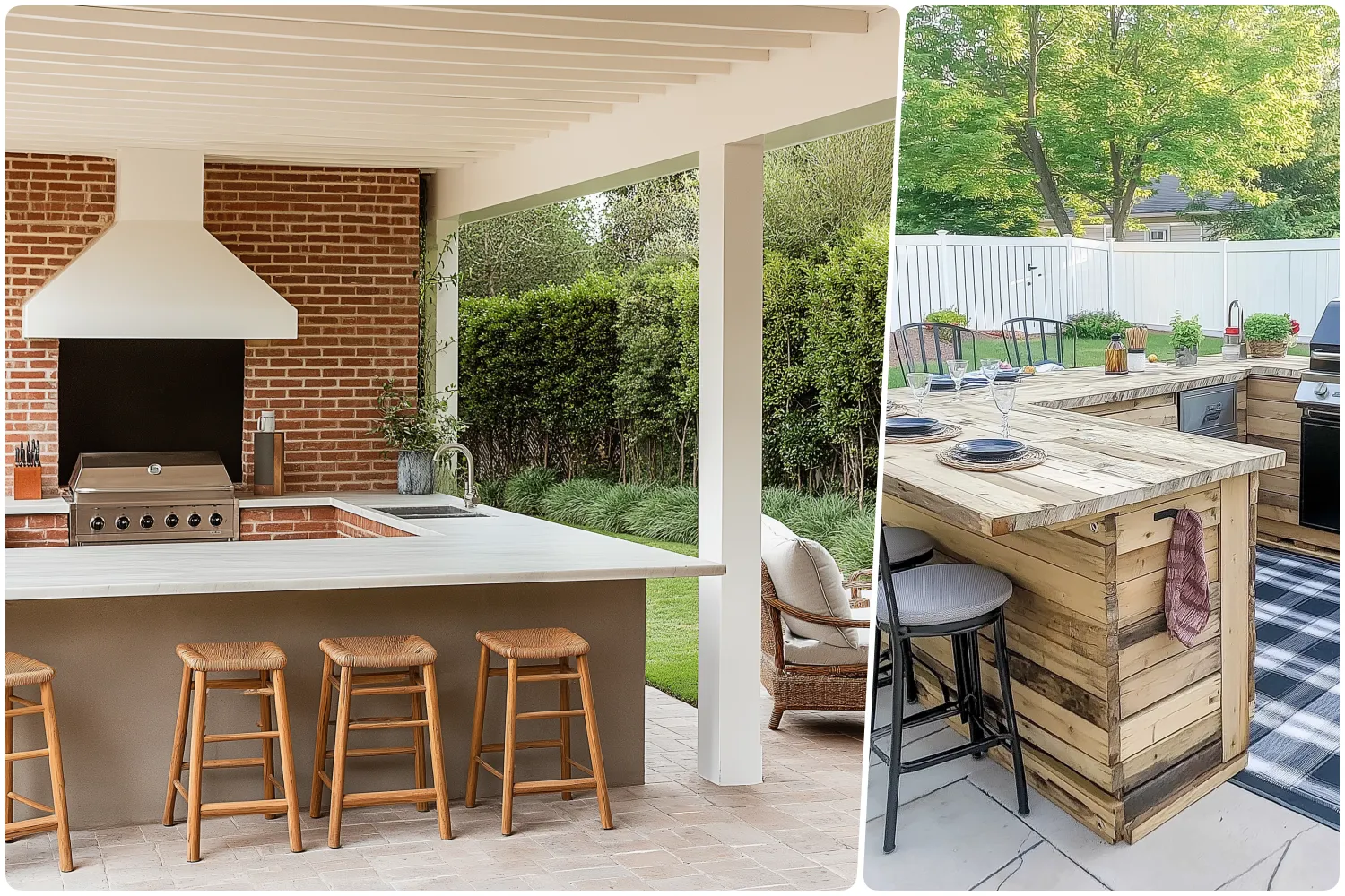 Modern outdoor kitchen with grill bar stools and lush greenery and Rustic outdoor kitchen with wooden bar and grilling area surrounded by trees