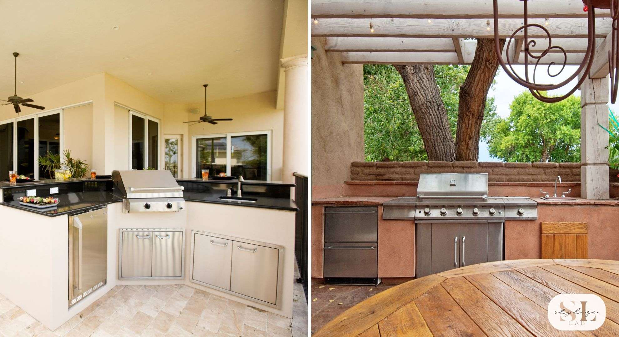 Modern outdoor kitchen with stainless steel grill and black countertops and Rustic outdoor kitchen with grill integrated into adobe structure and wooden table