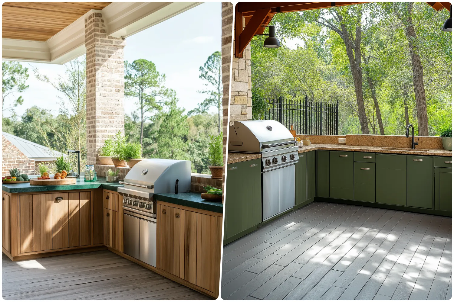 Modern outdoor kitchens with wood and green cabinetry plus lush greenery backdrop, fresh herbs next to it