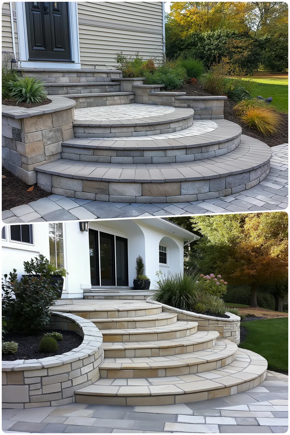 Modern stone steps leading to a front entrance with landscaped greenery and Curved layered stone steps with plants surrounding a white house entryway