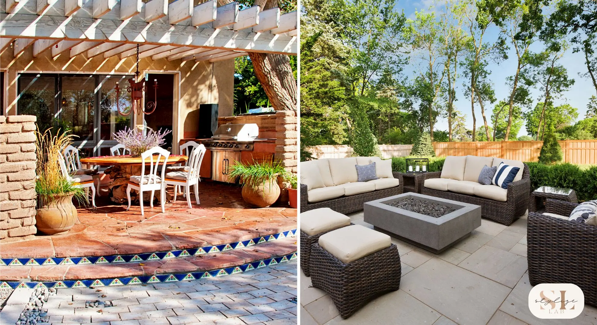 Outdoor Kitchen with Built-In Seating, Rustic outdoor dining area with a wooden table surrounded by white chairs