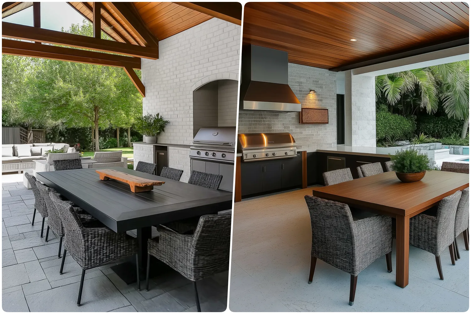 Outdoor dining area with a wooden table and woven chairs surrounded by greenery and Modern outdoor kitchen with stainless steel appliances and a wooden dining table, dining sets