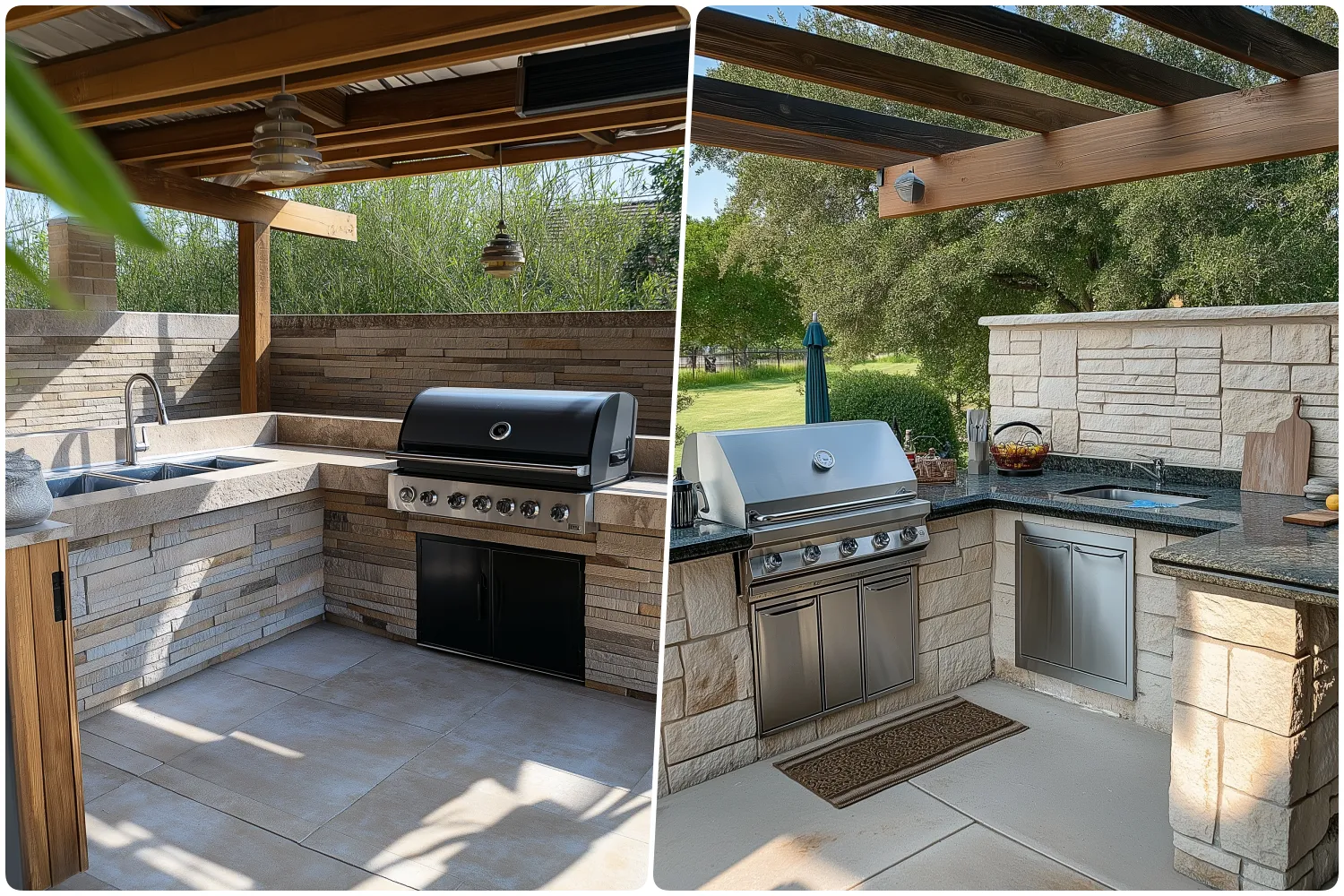 Outdoor kitchen featuring a black grill sink and countertop with stone walls and Second outdoor kitchen bbq area with stainless steel grill and refrigerator against stone backdrop