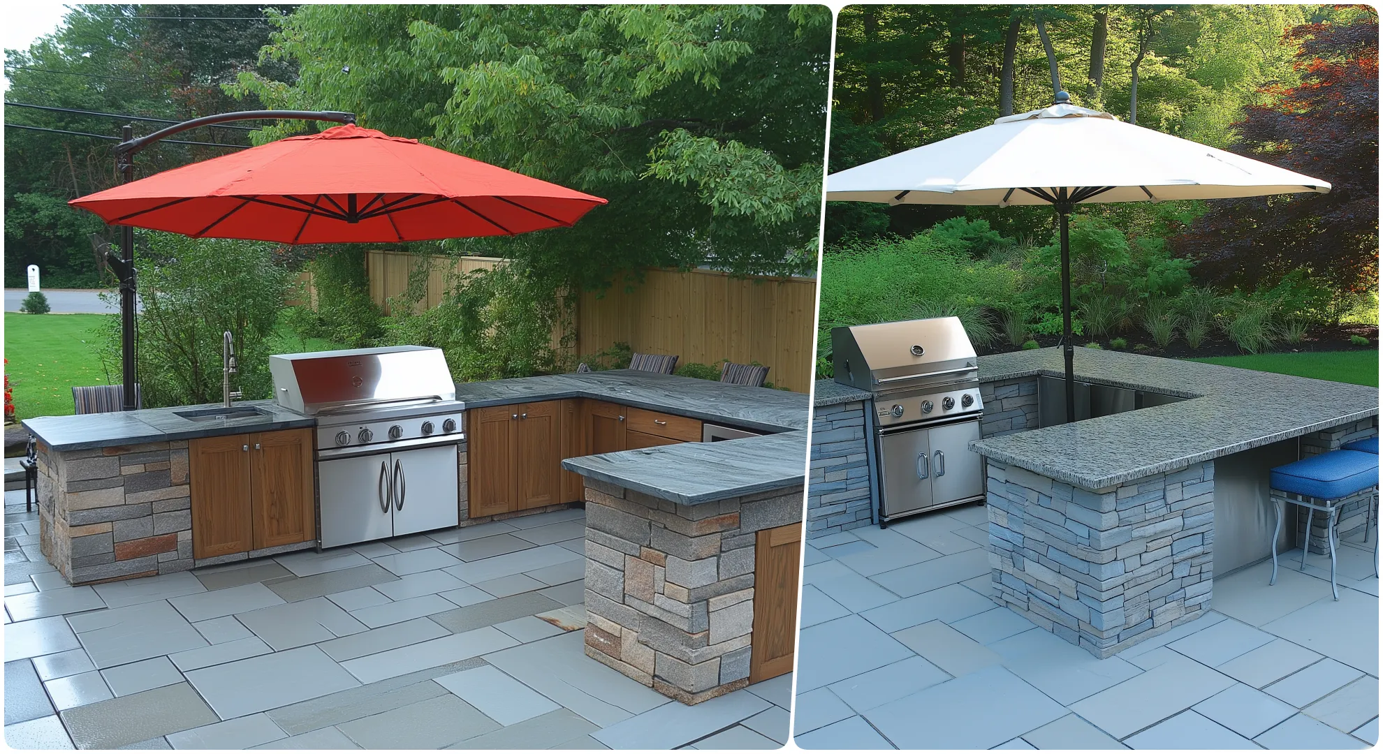 Outdoor kitchen with red and white umbrellas featuring grills and stone counters