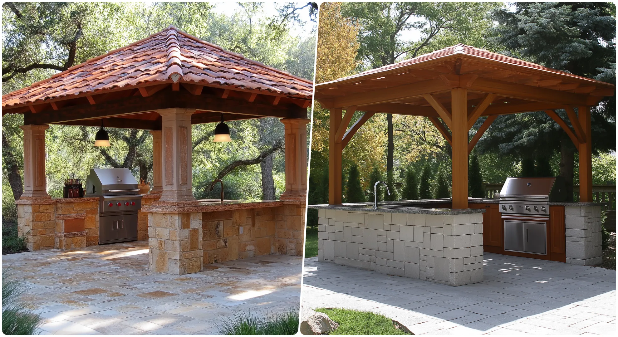 Outdoor kitchen with rustic stone pavilion, and modern outdoor kitchen under wooden gazebo with grill and sink on stone base