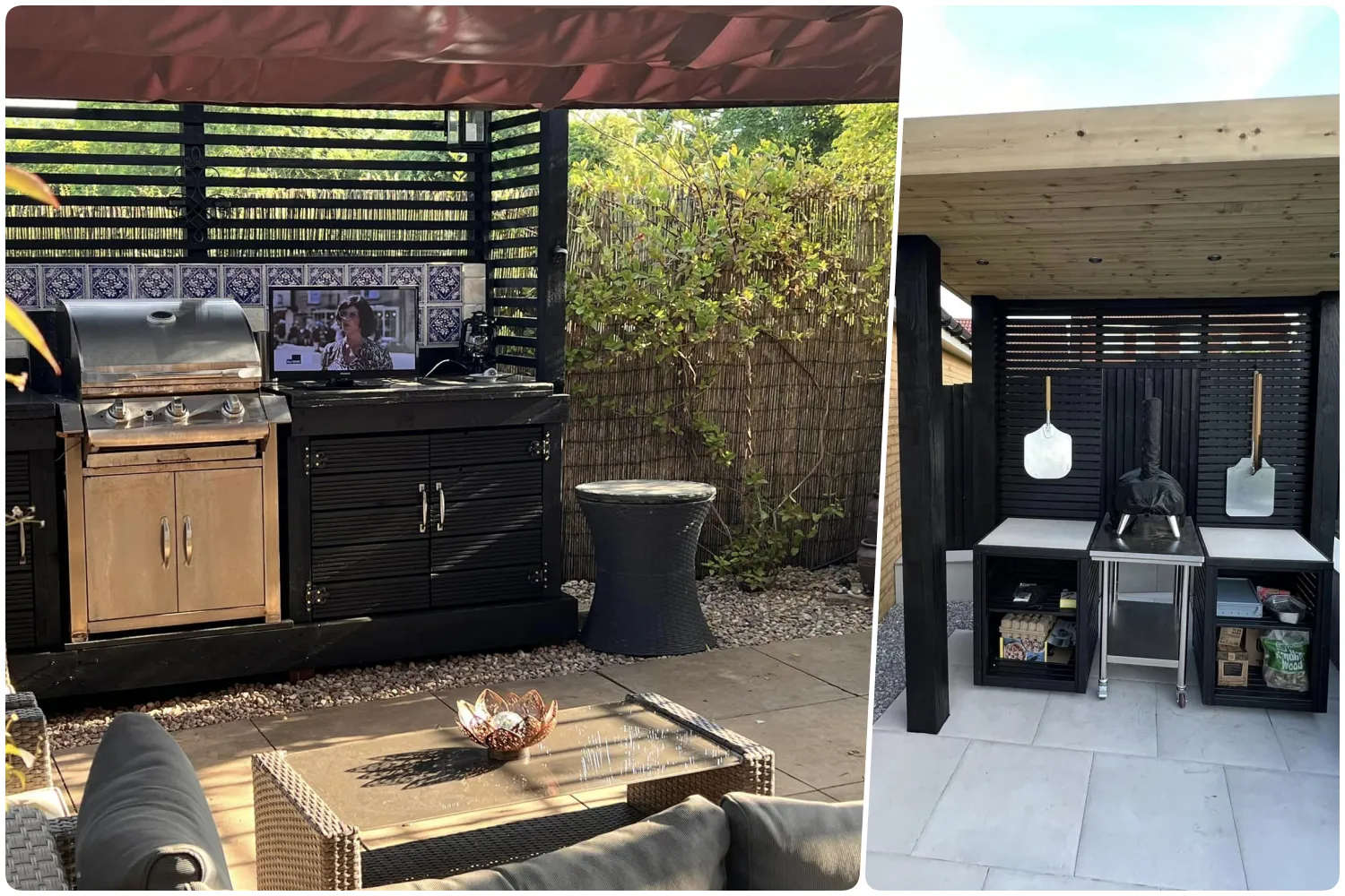 Outdoor kitchen with stainless steel grill and TV under a canopy with furniture, Stylish outdoor dining area with black wood accents and stone table in shaded space