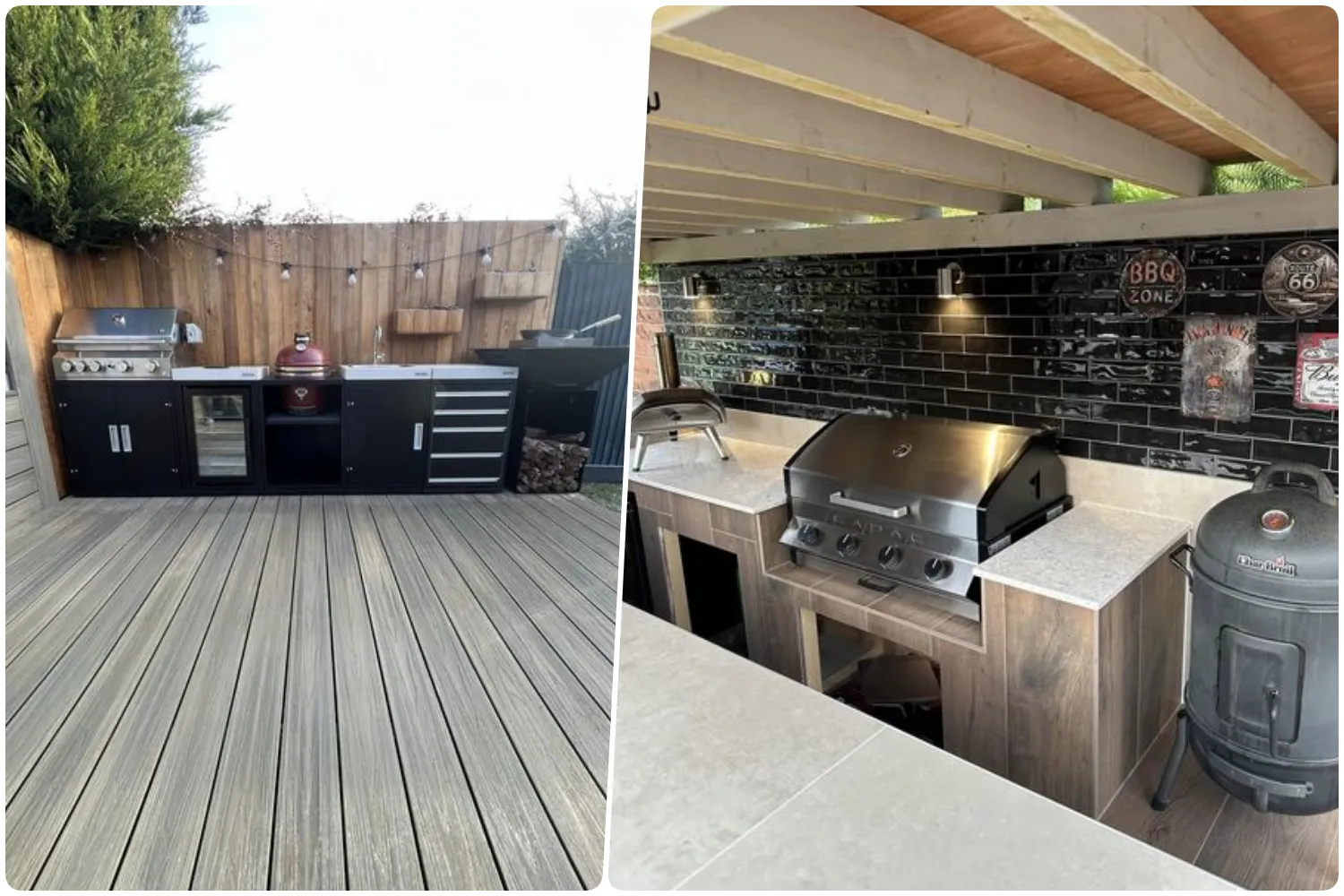 Outdoor kitchen with stainless steel grill and storage cabinets on wooden deck and Modern outdoor kitchen featuring dark tiles and gas grill under wooden structure