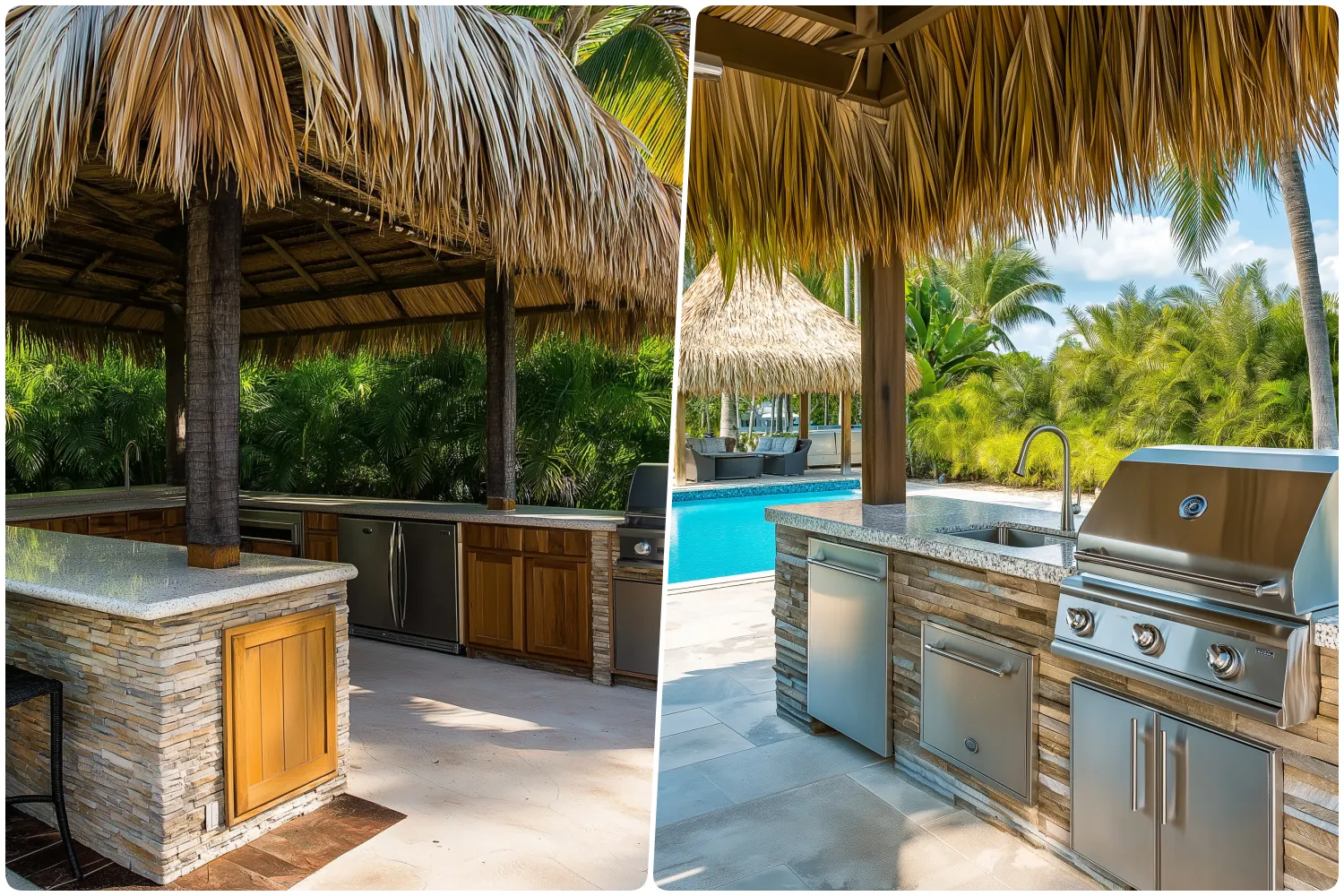 Outdoor kitchen with stone countertops and wooden cabinets under thatched roof, Stainless steel grill and sink in modern outdoor kitchen near pool area