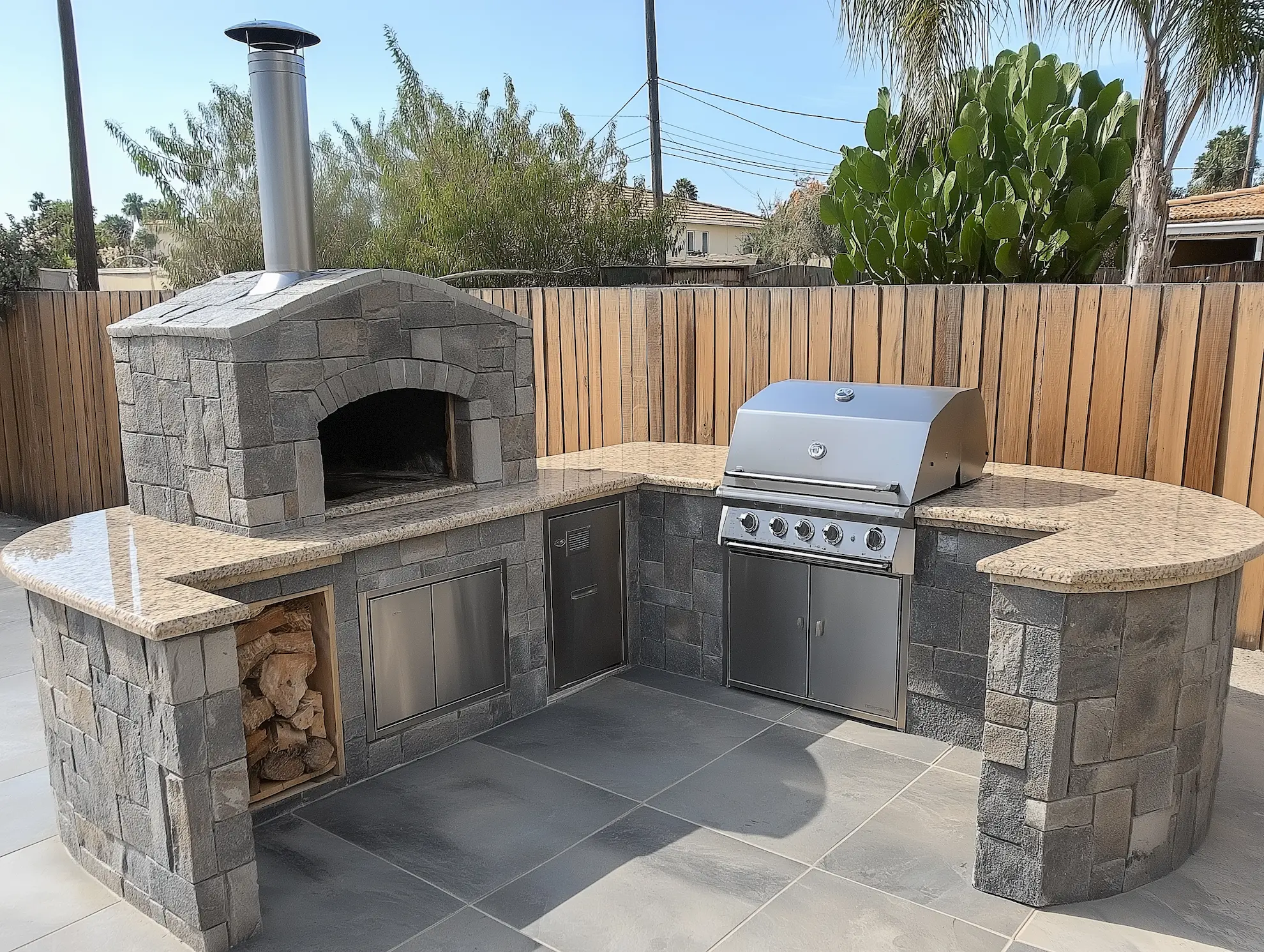 Outdoor kitchen with stone pizza oven and stainless steel grill on curved countertop