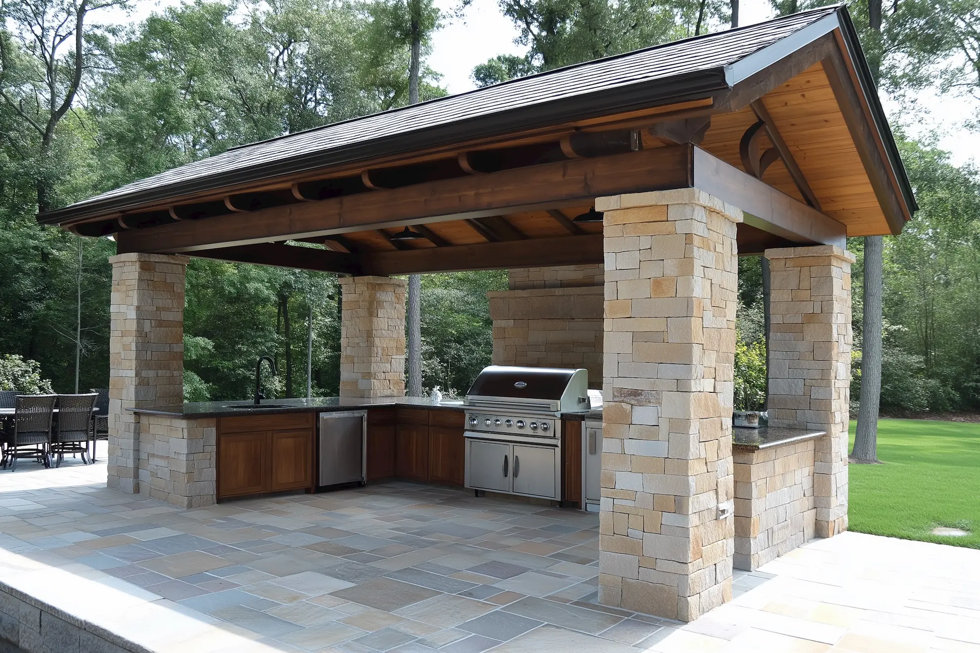 Outdoor kitchen with stone walls granite countertop and stainless steel grill under a roof