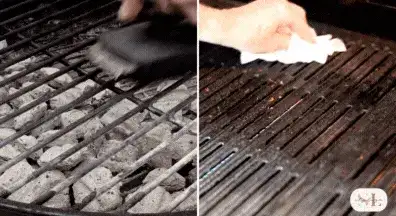 Person brushing charcoal grill grates with metal brush and ashes visible and Hand wiping down a clean grill grate with a white cloth and shiny surface