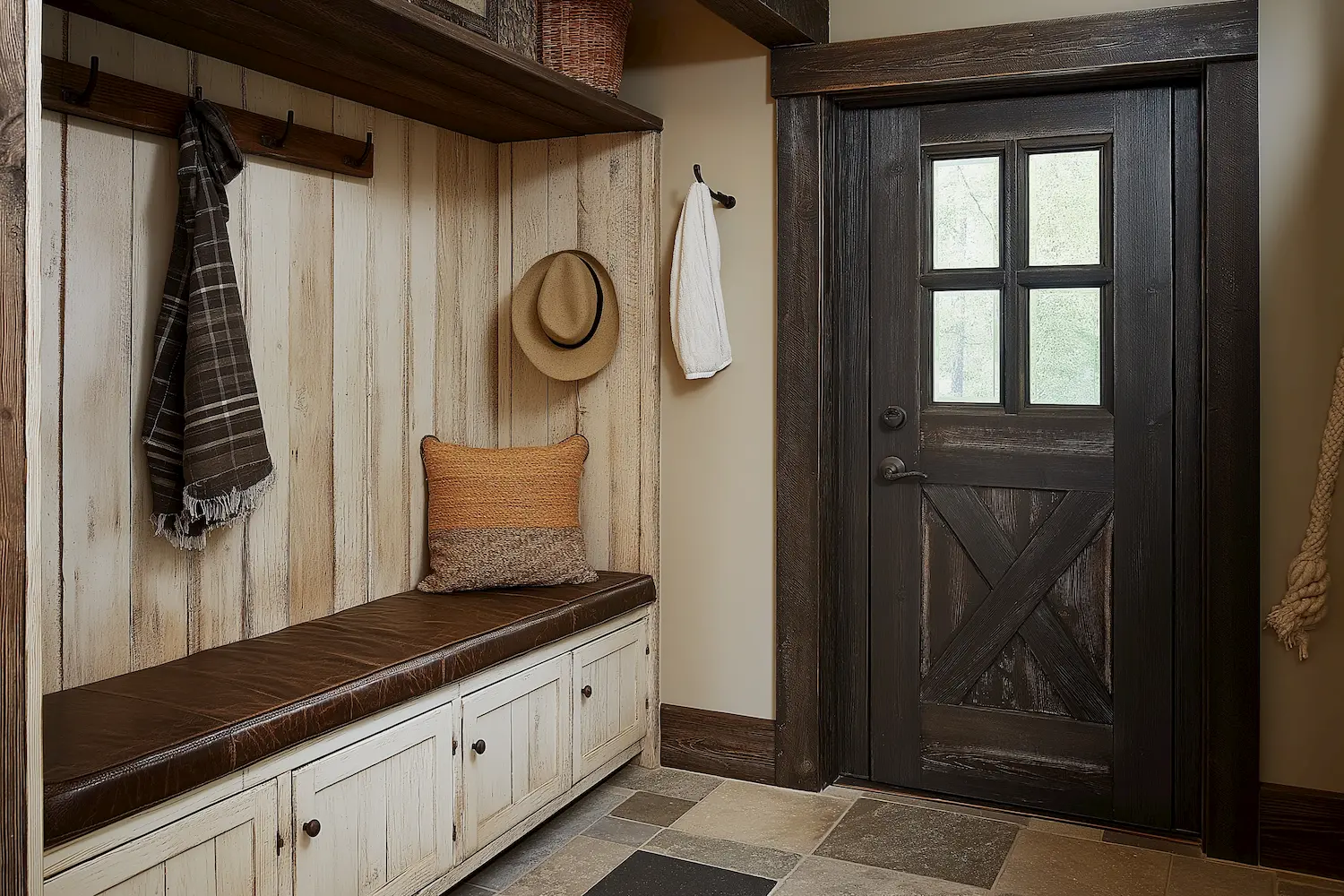 Rustic entryway mud room with a wooden bench a hat and towel hanging by the door